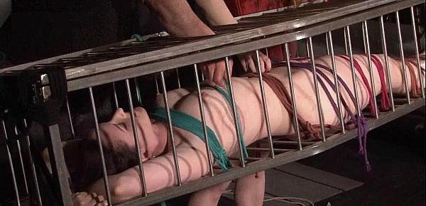  Caged american fetish model Caroline Pierce in hot wax bdsm and deprived lesbian